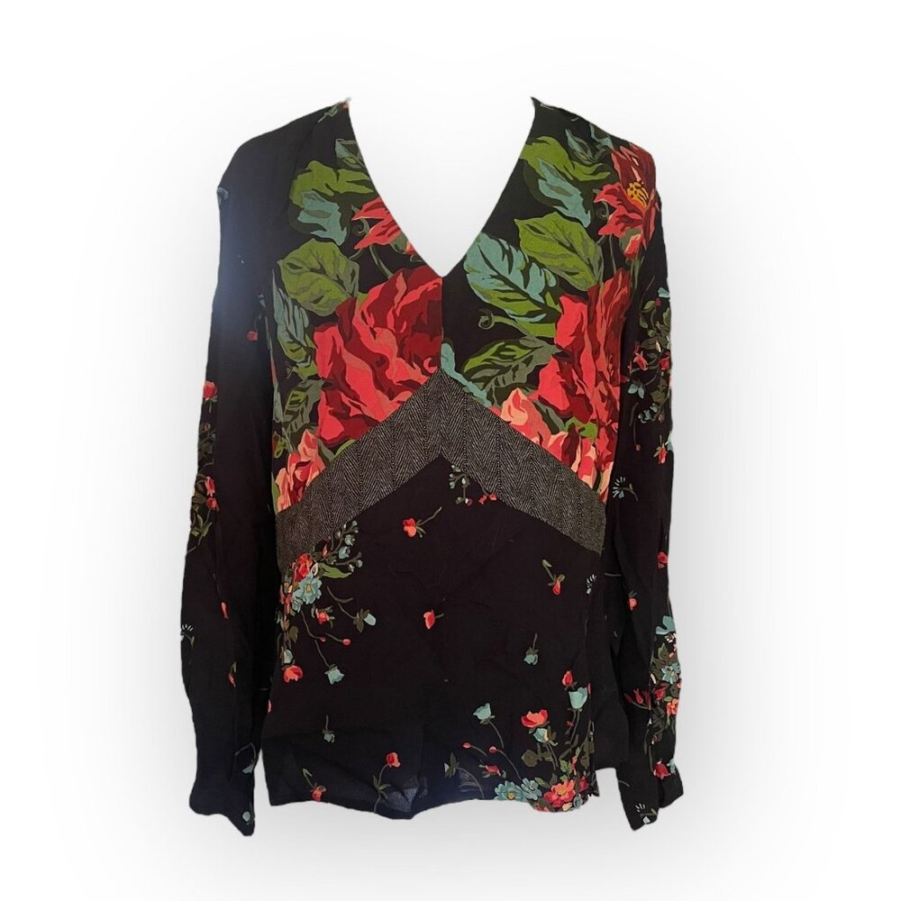 Carole Little Black Floral Printed Long Sleeve V-Neck Blouse Medium